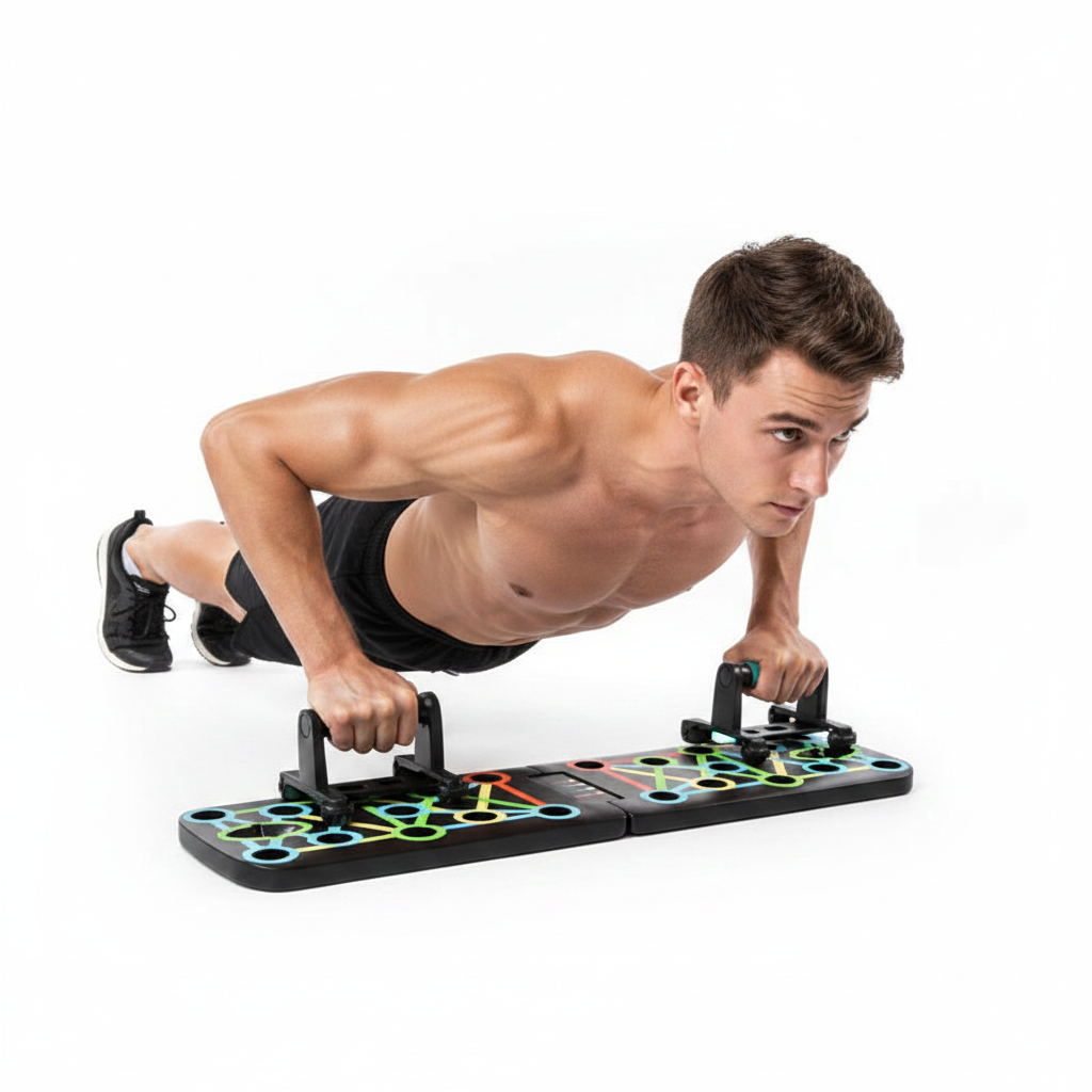 A shirtless man performing a push-up on a black multi-functional push-up board with colorful pegs, set against a plain white background.